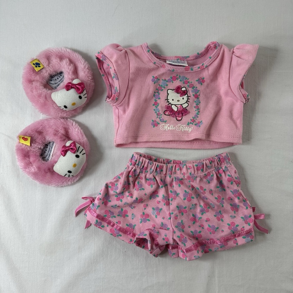 Build A Bear Hello Kitty Pink Flowers Bows Pajama's PJ's Slippers Sanrio Outfit
